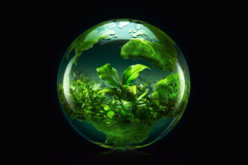 environmental concept with a green glass ball containing a plant, isolated on black. close-up of a g