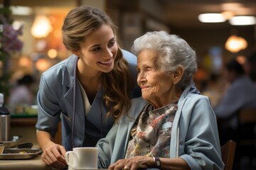 A compassionate nurse administering care to elderly residents in a nursing home, emphasizing the importance of geriatric medicine and quality of life in old age