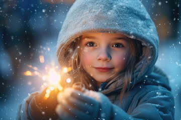 Cute little kid holding a sparkler at a snowy Christmas fair