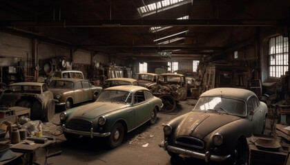 Poster - Rusty antique car in abandoned dirty garage generative AI