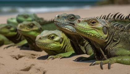 Sticker - Green iguana resting on sand by coastline generative AI