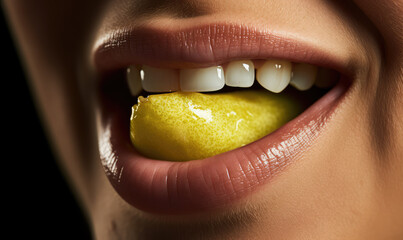 Beautiful female mouth in close up with lipstick eating a delicious pear, professional makeup.