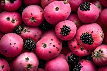 Wall Mural - Pink fruit with black seeds close up.
