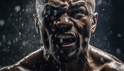 Poster - Muscular man screaming in the rain outdoors generative AI