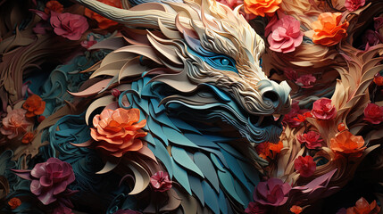 Wall Mural - Japanese dragon, in the style of detailed multi-layered compositions, close-up, colorful bright background. ai generative art