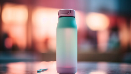 Poster - Transparent glass bottle with refreshing blue liquid and ice cubes generated by AI