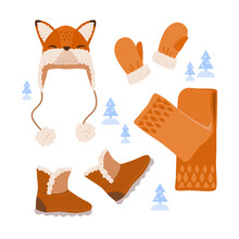 Set Of Children's Winter Outerwear For Walking Outside. Warm Knitted Hat With Fox Face, Fur Mittens, Patterned Scarf, Brown Boots With Fleece Lining. Vector Illustration In Flat Style.