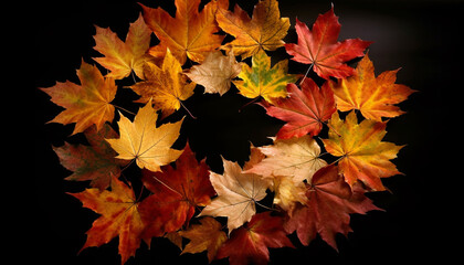 Poster - Vibrant autumn maple tree leaves on black background generative AI