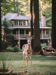 Wall Mural - A Photo of a Deer Standing in the Backyard of a Nice House in the Suburbs