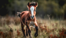 Cute Foal Running In Green Meadow Generative AI
