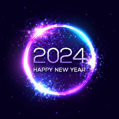 Wall Mural - Happy New Year 2024 neon light sign. Holiday greeting card or banner design. Electric celebration circle ball with text star sparkle. Festive New Year 2024 night club sign. Vector holiday illustration