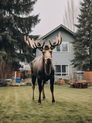 Wall Mural - A Photo of a Moose Standing in the Backyard of a Nice House in the Suburbs