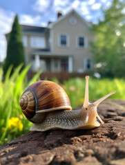 Wall Mural - A Photo of a Snail Standing in the Backyard of a Nice House in the Suburbs