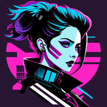 Cyberpunk Sci-fi Poster. Colorful Vector Illustration Of Beautiful Girl With Futuristic Bright Background.