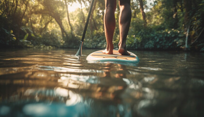 Poster - One person paddling a canoe, enjoying tranquil nature reflection generated by AI