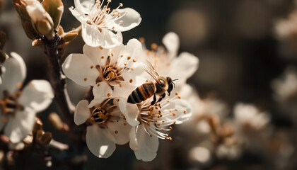 Wall Mural - Busy honey bee pollinates yellow flower head in fresh springtime generated by AI