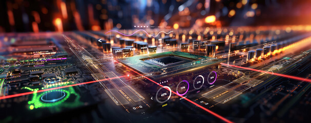 Poster - high tech microchip cpu or gpu powerful computer component manufacturing concept, closeup of motherboard circuits with hologram information datum for futuristic AI hardware production as wide banner