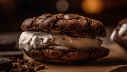 Wall Mural - Indulgent homemade dessert Dark chocolate cookie stack with creamy ice cream generated by AI