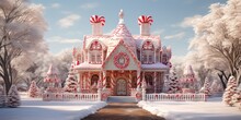 A Beautifully Decorated Gingerbread House With Candy Cane Fences And Gumdrop Accents. Winter, New Year, Christmas.