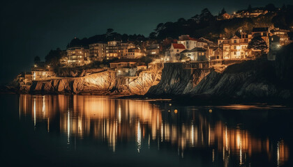 Poster - The illuminated fishing village reflects on the tranquil seascape at dusk generated by AI