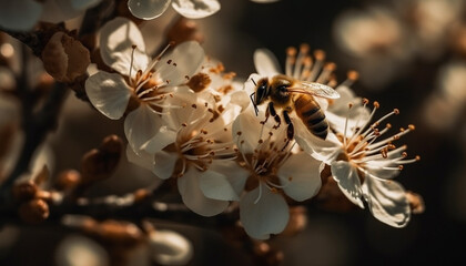 Wall Mural - The busy honey bee pollinates the fresh yellow flower head generated by AI