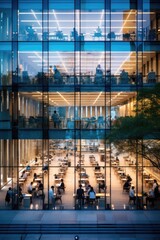 A transparent glass office building brightly lit with people working hard inside