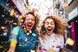 © horace - Two women standing next to each other under confetti positive and fun vibes