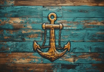 Wall Mural - Old anchor on blue wooden plank wall. Generative AI