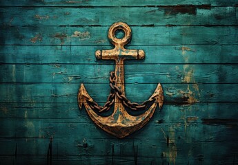 Wall Mural - Old anchor on blue wooden plank wall. Generative AI