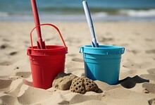 Tropical Landscape With Bucket And Shovel On The Beach Sand. Generative AI