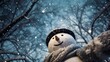 Bottom view of snowman with gray scarf and hat in a snowing forest at dusk. Horizontal image.