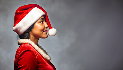 Nice profile of a young girl Santa Claus helper. Christmas concept. Generative AI