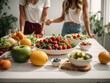 © sebas - Seemingly healthy individuals in front of a white table with healthy food. A clear, clean image representing a healthy and balanced diet with a healthy lifestyle.