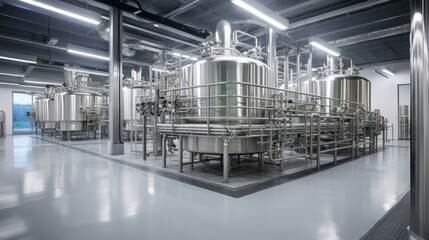 Wall Mural - Equipment dairy plant, milk factory industry. Stainless steel storage and processing tanks.