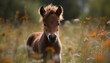 Cute foal grazing in green meadow outdoors generated by AI
