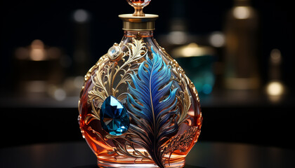 Elegant glass bottle reflects luxury and celebration in ornate decor generated by AI