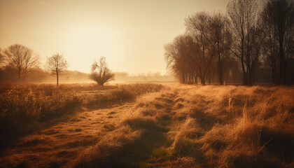 Wall Mural - Tranquil meadow, backlit tree, silhouetted against idyllic sunset sky generated by AI