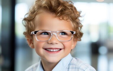 Wall Mural - Young child boy trying new glasses in an optician