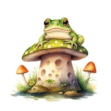 Frog Sitting On Toad Stool On A White Background 
