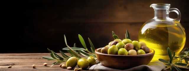 Wall Mural - olive oil in a bottle and a branch with the fruits of green olives. salad dressing. culinary product.