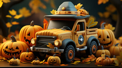 Halloween truck with Jack o lantern pumpkin, Halloween theme elements
