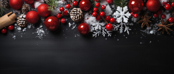 Top view of christmas tree and decorations with empty christmas black table.