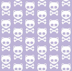 Poster - Vector seamless pattern of hand drawn flat cat skull with crossed bones silhouette isolated on lilac background