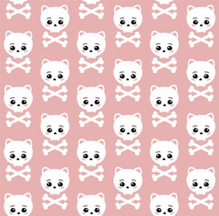 Wall Mural - Vector seamless pattern of hand drawn flat cat skull with crossed bones silhouette isolated on pink background