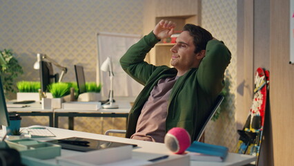 Wall Mural - Overworked freelancer feeling tired at office closeup. Exhausted man resting