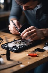 A man repairing a mobile phone on a wooden table