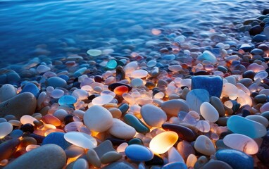 Wall Mural - Beautiful beach at night illuminated by moonlight scattered with many colorful, transparent, circular and shiny pebbles