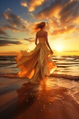 Wall Mural - Stunning photography of a beautiful woman in a dress against the backdrop of a golden sunset on a pristine beach