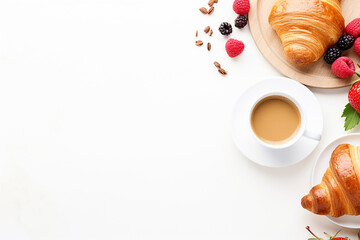 appealing plain mini croissants baked to golden crisp, cup of black coffee with milk, blueberry raspberry isolated on white background. Traditional french pastry. Close up, copy space, top view.