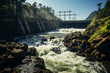 hydroelectric dam generating green energy from flowing water, with a cascading waterfall in the background. 